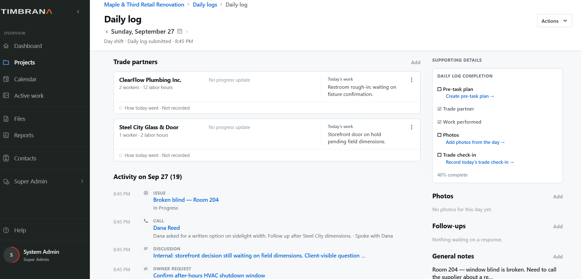 Timbrana construction daily log showing trade partners, work performed, project activity, supporting details, photos and follow-ups