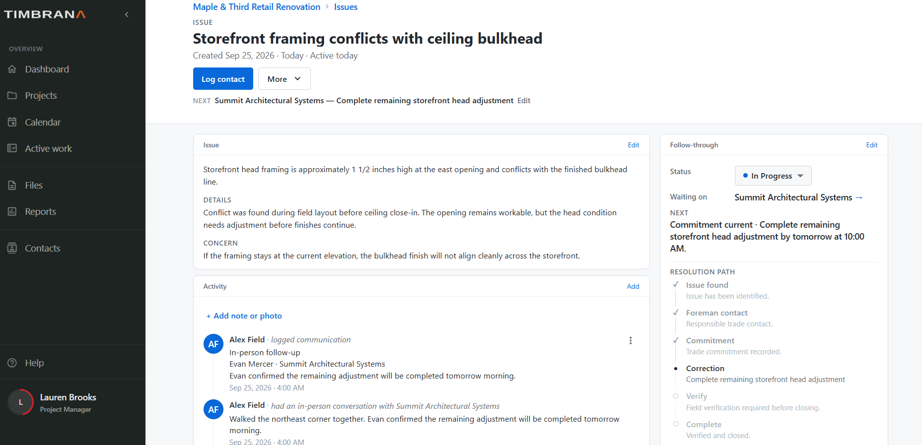 Timbrana issue follow-through showing current responsibility, commitment, correction, verification path, and connected activity history